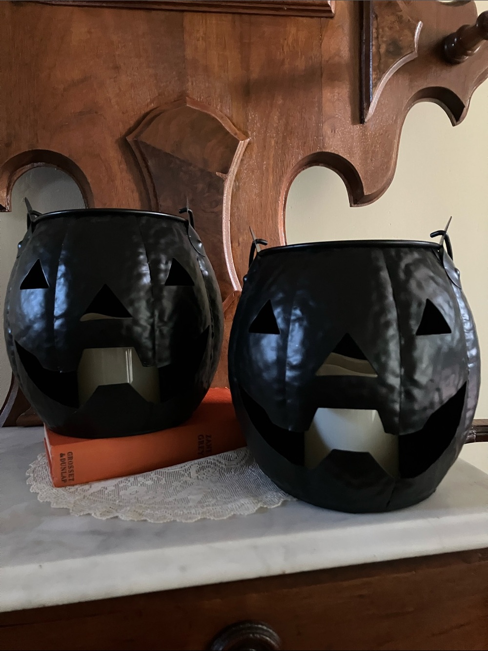 Pair of Black Metal Jack-O'-Lantern Lanterns with LED Candles